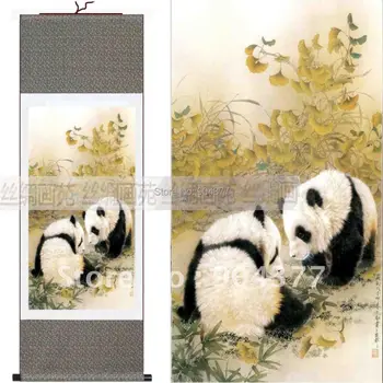 

Chinese Panda Silk Scroll Decorative Art Painting size L 40 x W 12 inch 1piece Free shipping