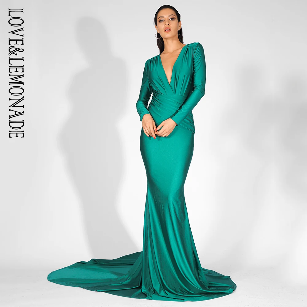 LOVE&LEMONADE  Sexy Green Deep V-Neck Slim Fit