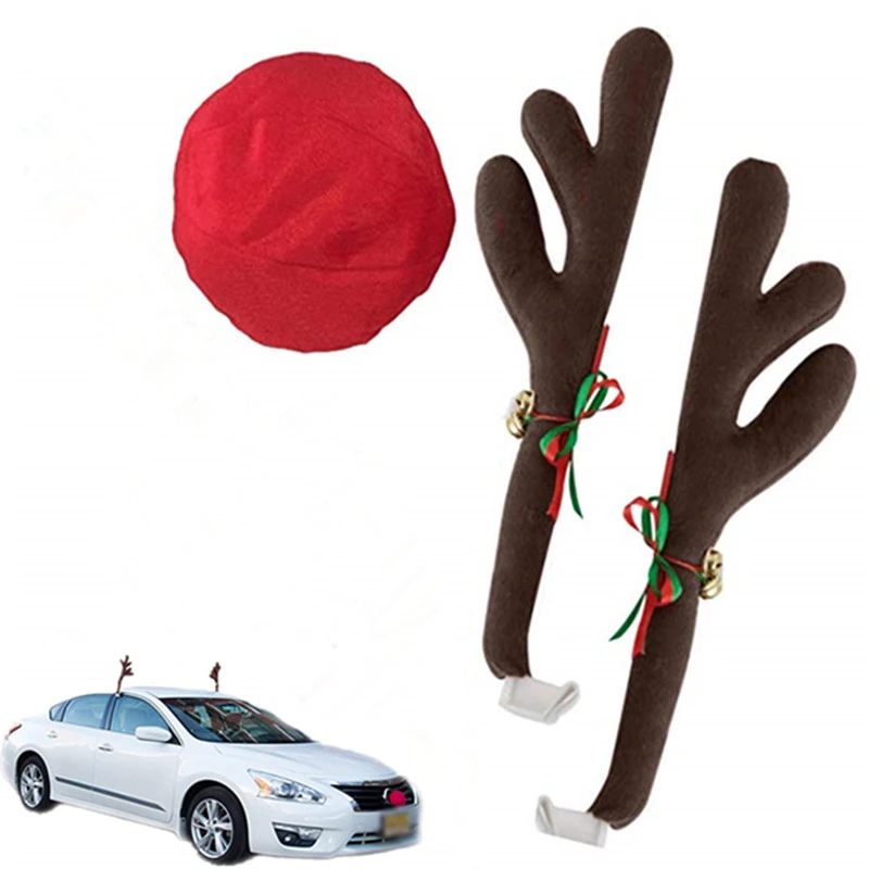 Car Reindeer Antlers Nose Christmas Car Decorations Jingle Bells