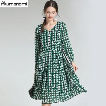 

Autumn Chiffon Dot Print Dress Women Clothing Green V-neck Full Sleeve Draped Mid-Calf Spring Dress Plus Size 5xl 4xl 3xl 2xk-M