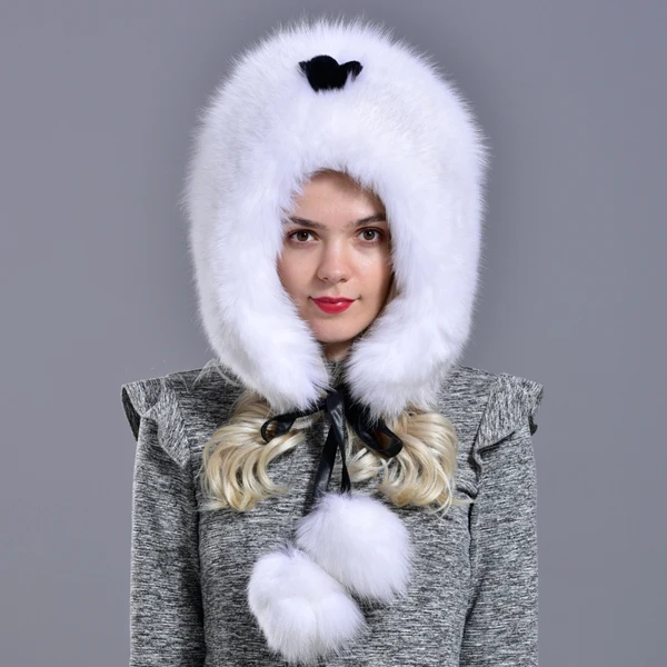 womens winter hats and caps natural fur fox hat with tails 2 balls fluffy fur elegant fashionable stylish warm hat with earflaps - Цвет: RG-02