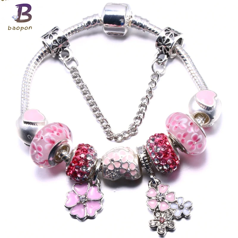 Винтажные хрустальные цветы розовый браслет для женщин серебро 925 Подвески бусины в форме сердца браслет и браслеты стекло DIY ювелирные изделия подарок