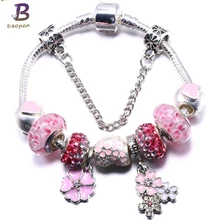 Винтажные хрустальные цветы розовый браслет для женщин серебро 925 Подвески бусины в форме сердца браслет и браслеты стекло DIY ювелирные изделия подарок