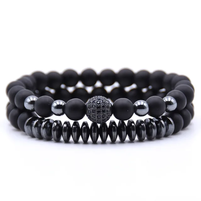 KANGKANG 2PCS/Set Matte Black Natural Stone Bracelet 8mm Elastic Rope Bead Hemat KANGKANG 2PCS/Set Matte Black Natural Stone Bracelet 8mm Elastic Rope Bead Hemat