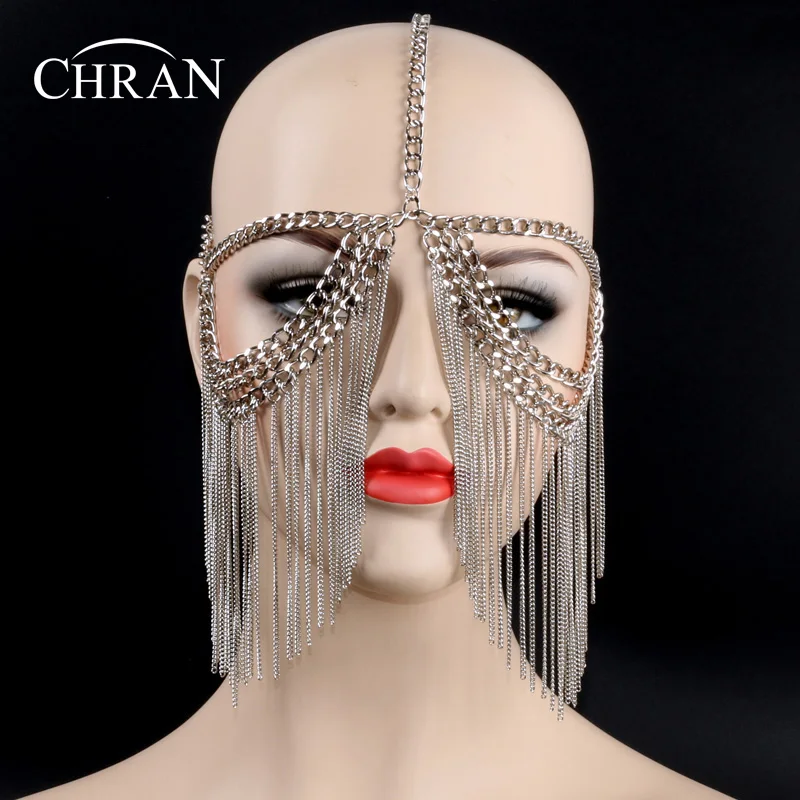 CHRAN Luxury Sexy Women Head Chain Classic Rhodium Plated Metal Tassels