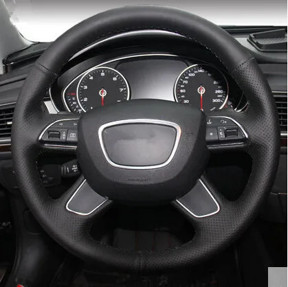 

car styling DIY Special Hand-stitched Black Genuine Leather Steering Wheel Skin Cover For Audi A4 A6 Q7 2013-2015