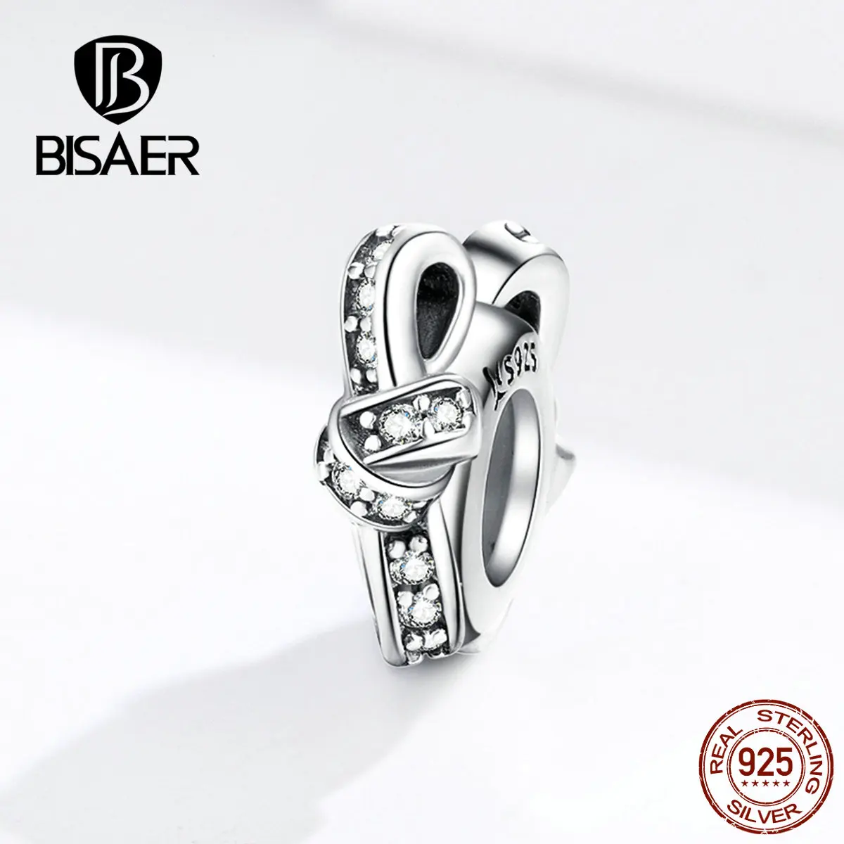 

BISAER 925 Sterling Silver Love Knot Shape Beads Clear Cubic Zircon Bowknot Charms fit for Bracelets Silver 925 Jewelry ECC1234