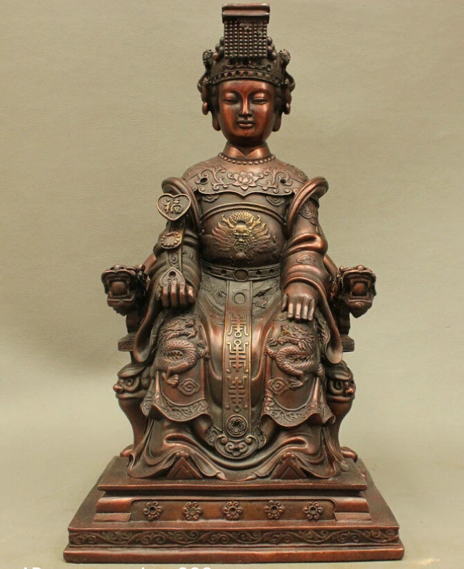 

12" Chinese Pure Red Bronze Tai Wan Fane Mazu Sit Dragon Lion Chair Ruyi Statue