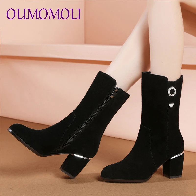 

New Black Wide Med Heels 7cm Belt Buckle Round Toe Shoes Woman Cow Suede Casual Winter Mid Calf Boots Large Size 34-43 y569