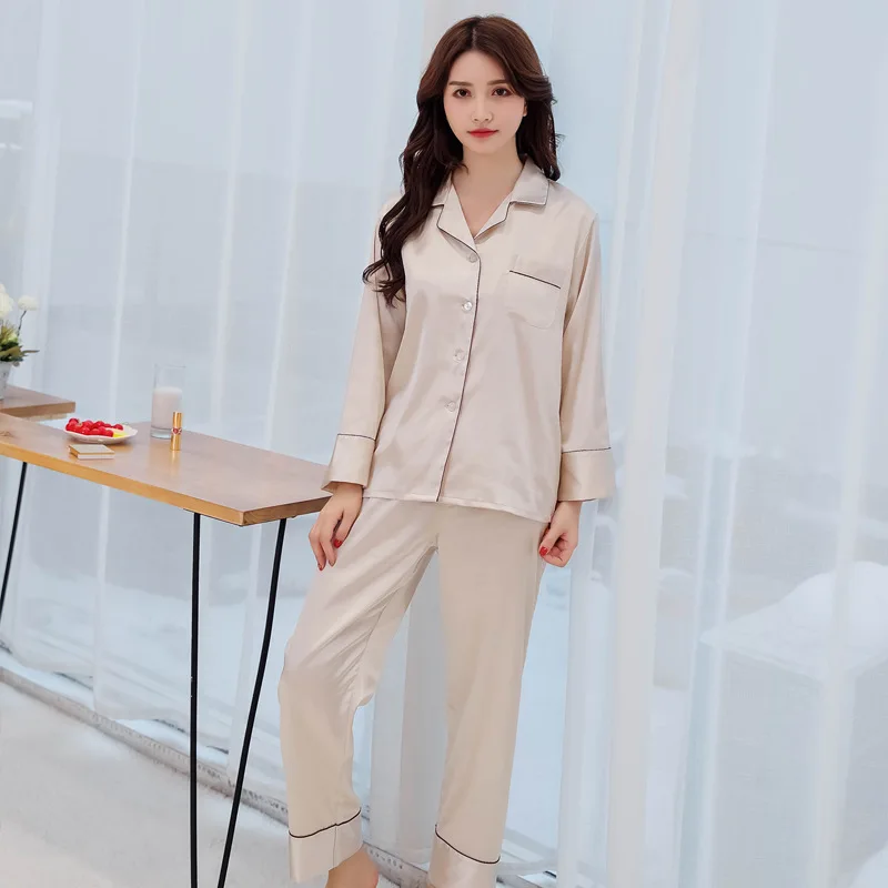 Smmoloa Демисезонный Для женщин шелковые пижамы атлас пижамный комплект с длинными рукавами и принтом
