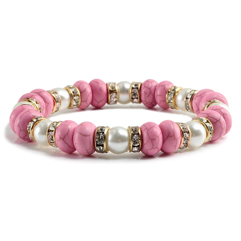 Charm Women Pink Beads Bracelets Pearl Natural Stone With Zircon Fashion Elastic Rope Strand Bracelet Handmade Yoga Jewelry Gift