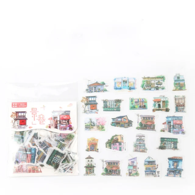 Mr.paper 40Pcs/bag 24 Designs Cute Diary Sticker Scrapbooking Heart Beat Series Japanese Kawaii Creative Stationery Deco Sticker Building Scenery