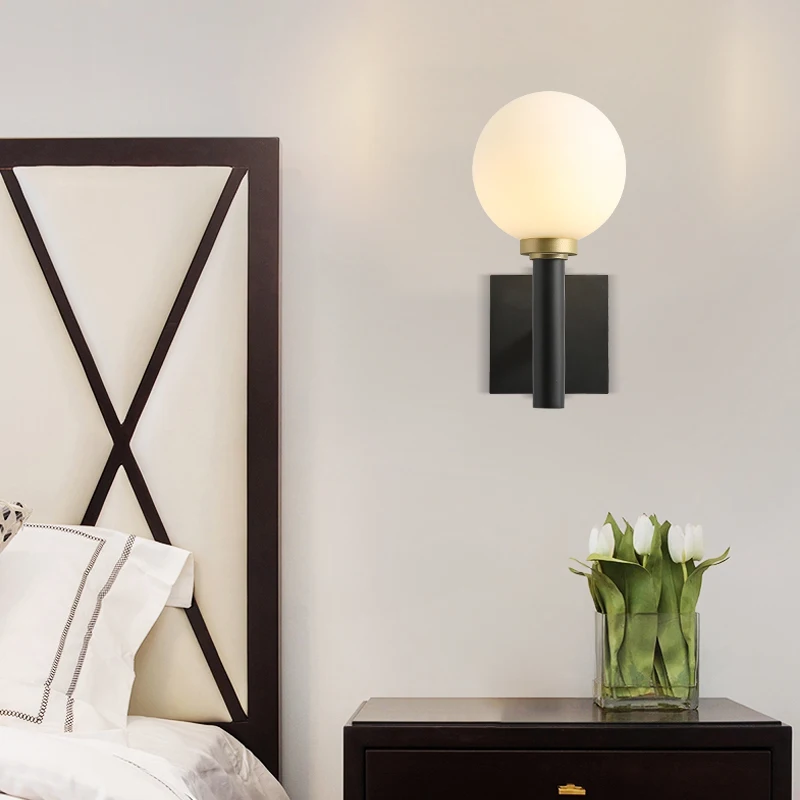 

Round Glass Lampshade Metal Base Wall Lamps Living Room Bedroom Bedside Lamp Modern Art Magic Bean Glass Stairs Light Fixtures