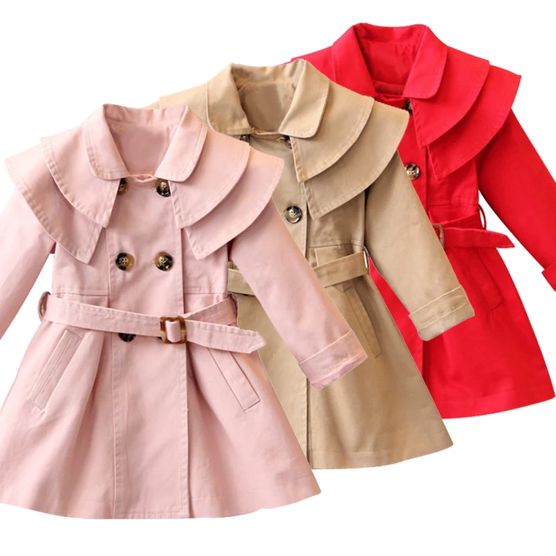 

2019 New High quality cotton Girls coat long sleeve Solid double-breasted dust coat jacket outerwear autumn Spring wear 2-7yrs