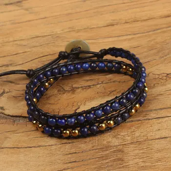 

Fashion Bracelets Double-deck More Color Natural Stone Gold Ball Beads Handmade Adjustable Cowhide Rope Man Woman Jewelry Gift