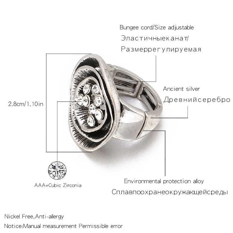 Винтажный античный серебряный кольцо для женщин один Размер Регулируемое цветочное кольцо кристалл Индивидуальные ювелирные изделия аксессуары свадебный подарок