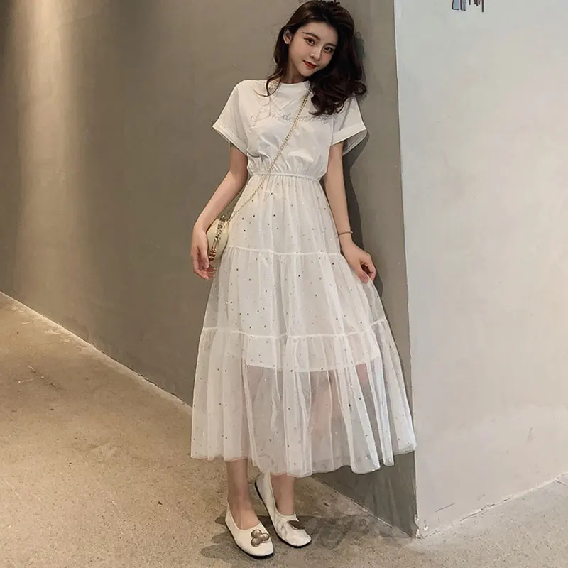 

Women clothes Korea summer new round neck short sleeved embroidery letters stitching over the knees in the long star mesh dress
