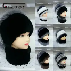 Glaforny Новинка 2018 года для женщин реального кролика рекс мех животных шапка шарф Набор модные шапки с Silver Fox