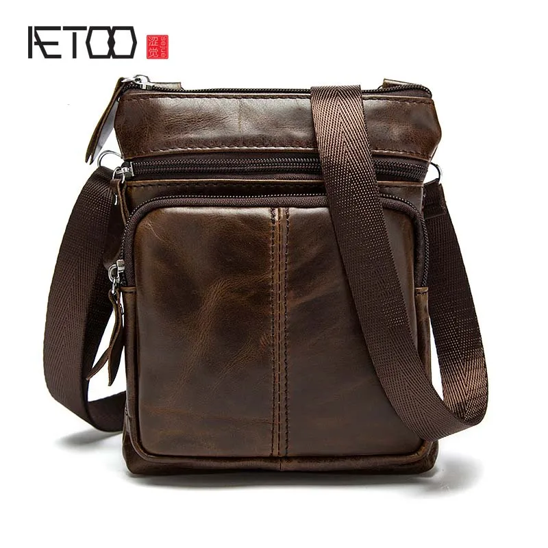 

AETOO 2017 new arrival vintage real leather men's bag vertical head cow leather shoulder strap zipper bag men summer small bag