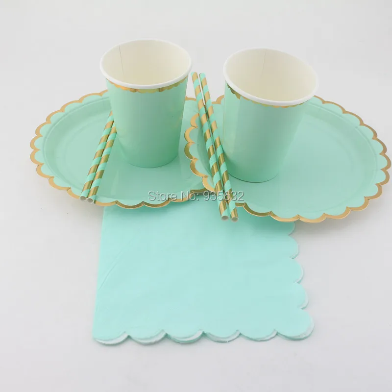 

154pcs/lot Party Decoration Metallic Foil Gold Mint Blue Party Tableware Set Paper Plates Paper Cups Paper Napkins Paper Straws