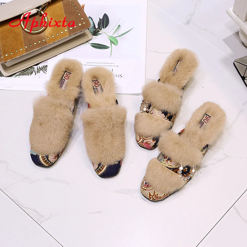 Aphixta Real Rabbit Hair Slippers Women Shoes Luxury Real Fur Square Heel Lady Warm Mujer Indoor Slides Plus Big Size 34-44