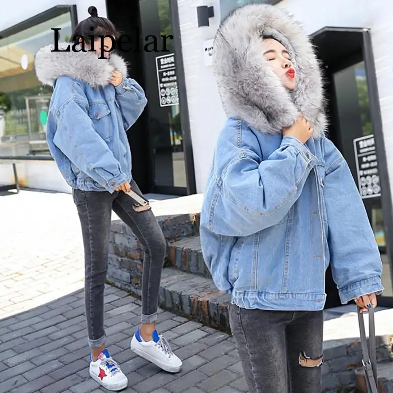discount  Women Jean Jacket Winter Thick Jean Jacket Faux Fur Collar Fleece Hooded Denim Coat Female Warm Den