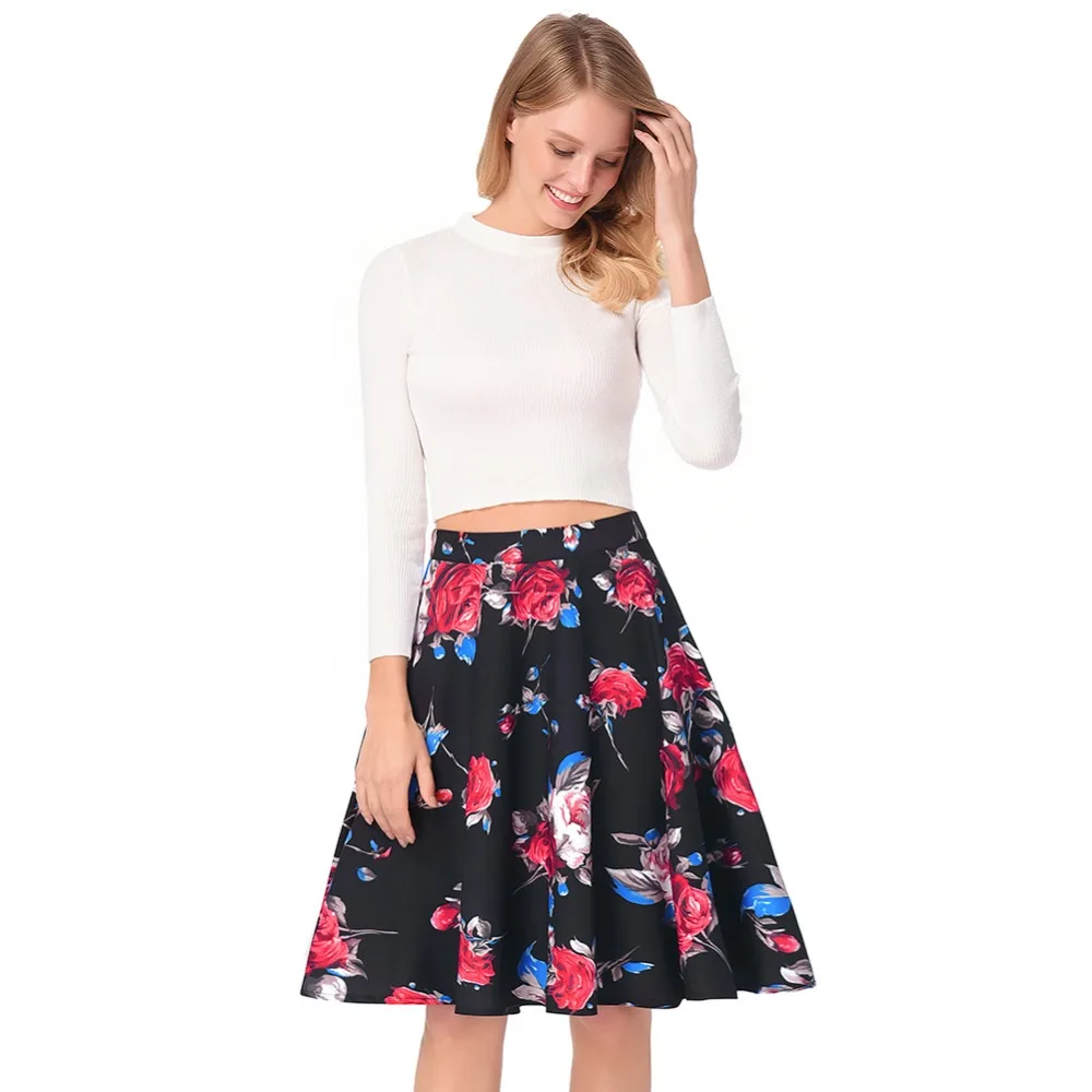 Vintage Floral Print Skirt Women Summer A Line Knee Length High Waist Flower 50s 60s Skirts