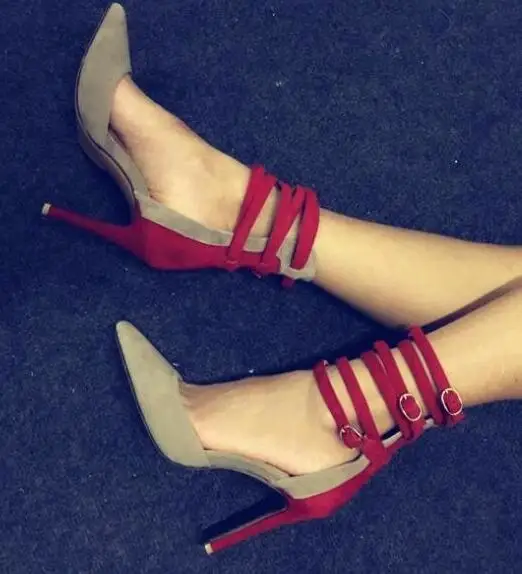 

woman high heel shoes high quality suede mixed colors ankle strap thin heel shoes pointed toe stiletto heels office lady heels