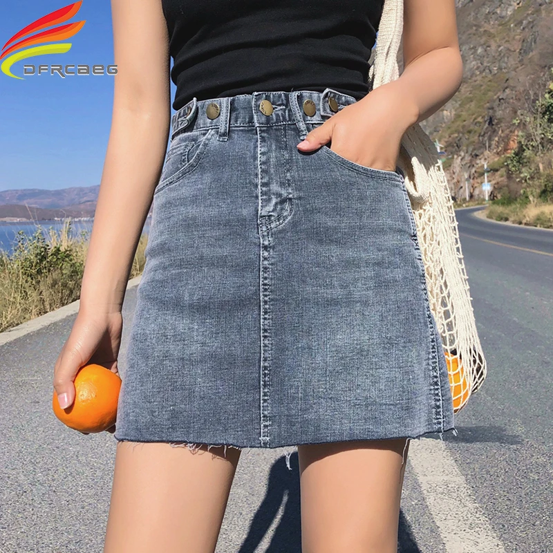 Falda vaquera corta cintura alta para mujer, Falda de tubo con botones, color negro y azul, ropa calle, primavera verano, 2019|Faldas| - AliExpress