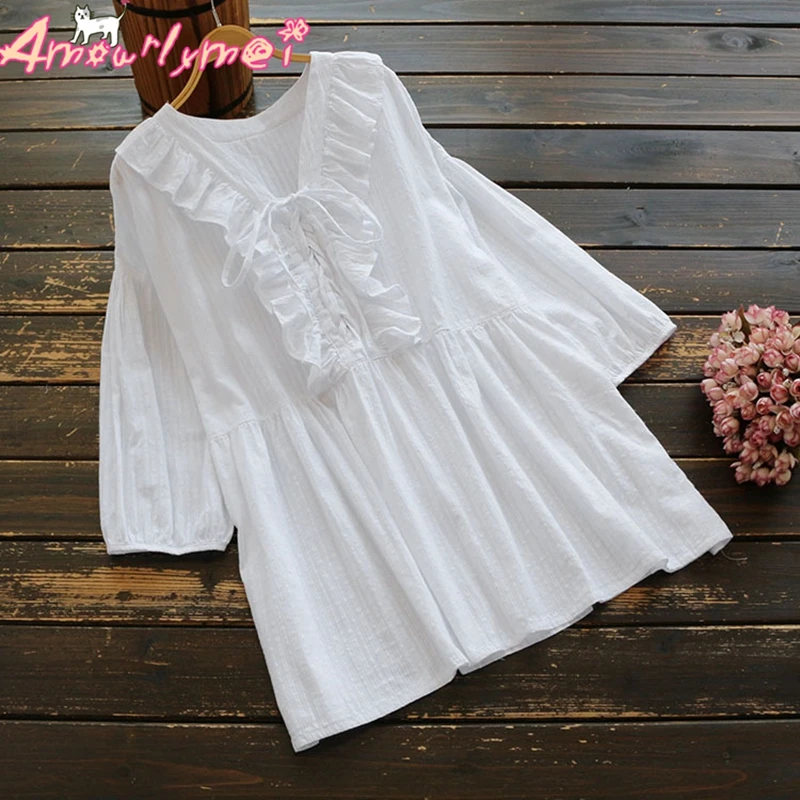 

Blusas Femininas 2019 Spring Summer Women Blouse Mori Girl V-neck Lace-up Ruffles Cotton Shirt Sweet Princess Lolita Shirt Tops