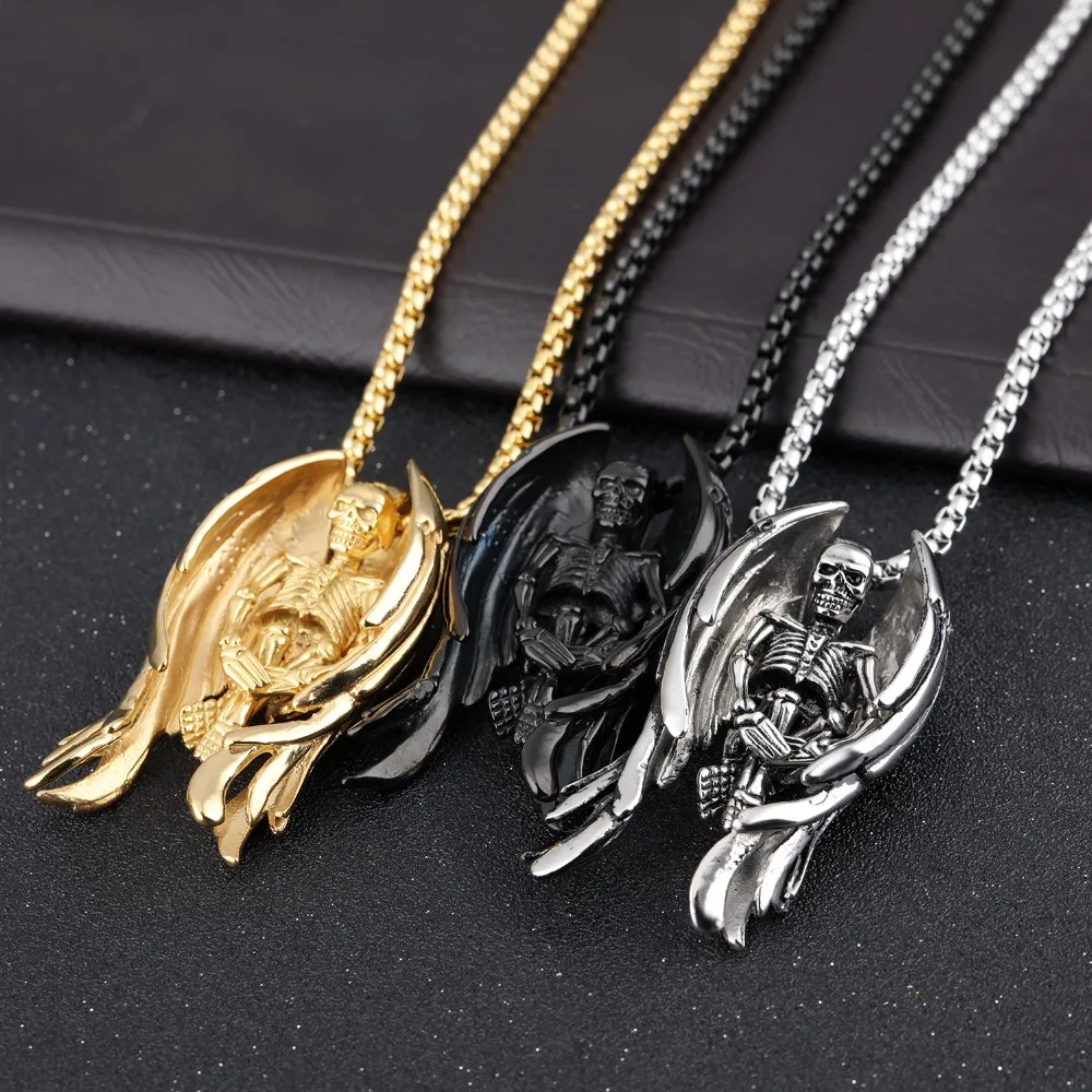 New Arrive Hot Sell Men's Jewelry Stainless steel Large god of death Skull Wing Pendant Box