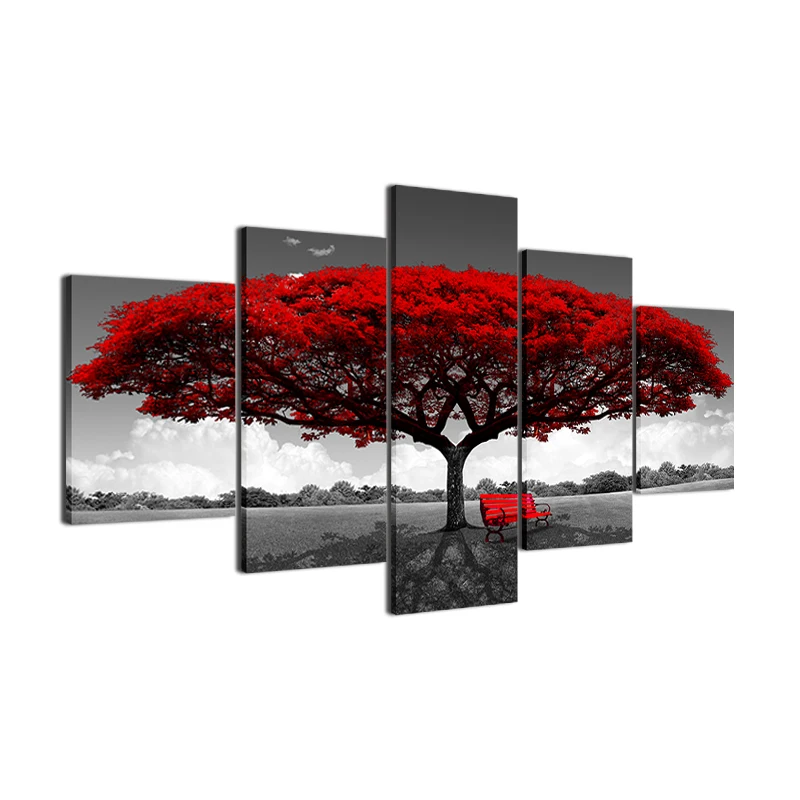 Современные картины на холсте, HD печать, 5 шт., красное дерево, красная скамейка, пейзаж, гостиная, домашний декор, настенная живопись, плакат