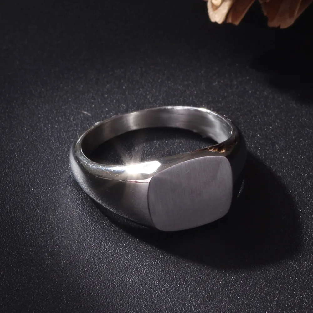 Square Brushed Signet Titanium Steel Wedding Rings Engraved Name Date DIY for Men Women