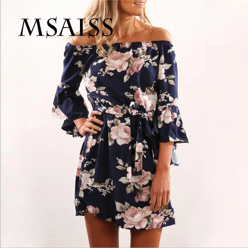 

MSAISS Women Spring Off Shoulder Floral Print Chiffon Dress Boho Style Short Party Beach Dresses Vestidos de fiesta
