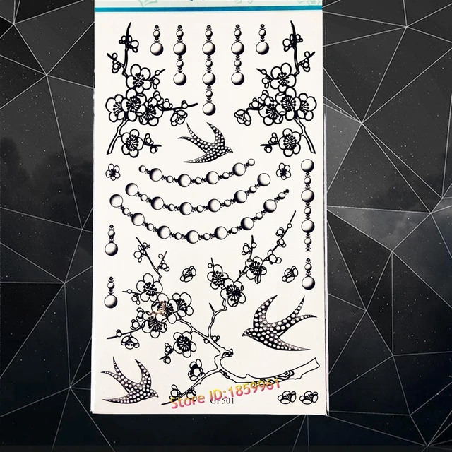 063 10 De Réductionnoir Fleur De Prunier étanche Temporaire Tatouage Oiseaux Faux Flash Tatouage Au Henné Pâte 1710 Cm Arbre Brance Pendentif