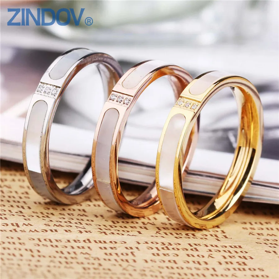 

Trendy Jewelry Women Finger Rings Wedding Stainless Steel Gold Silver Natural Shell Cubic Zirconia Rose Gold Rings For Womens