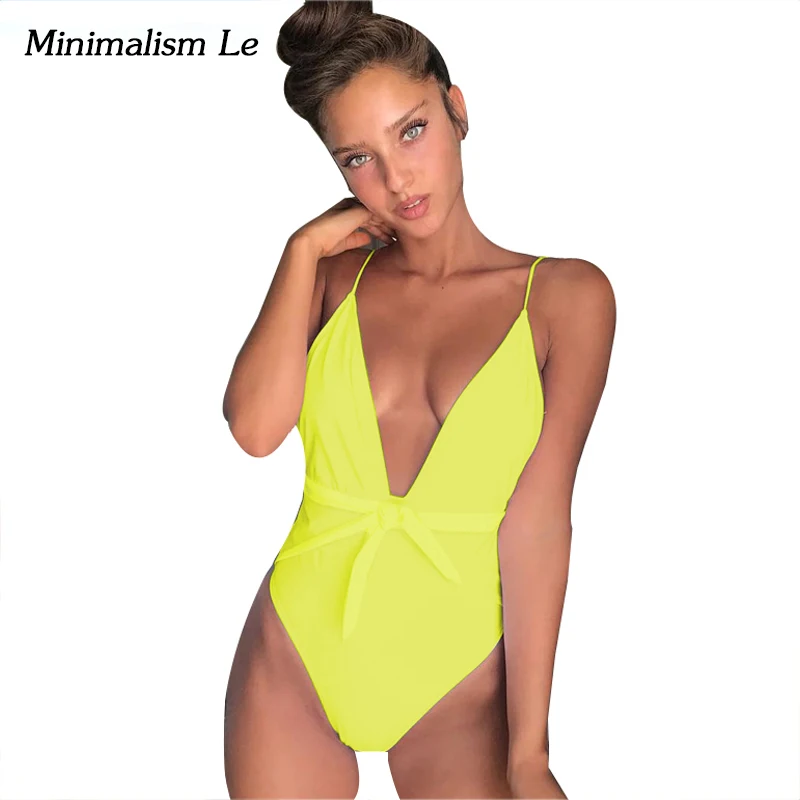 

Minimalism Le 2018 New Solid Bikinis One Piece Swimsuit Bathing Suit Women Sexy Deep-V Swimwear Halter Top Beach Wear BK209