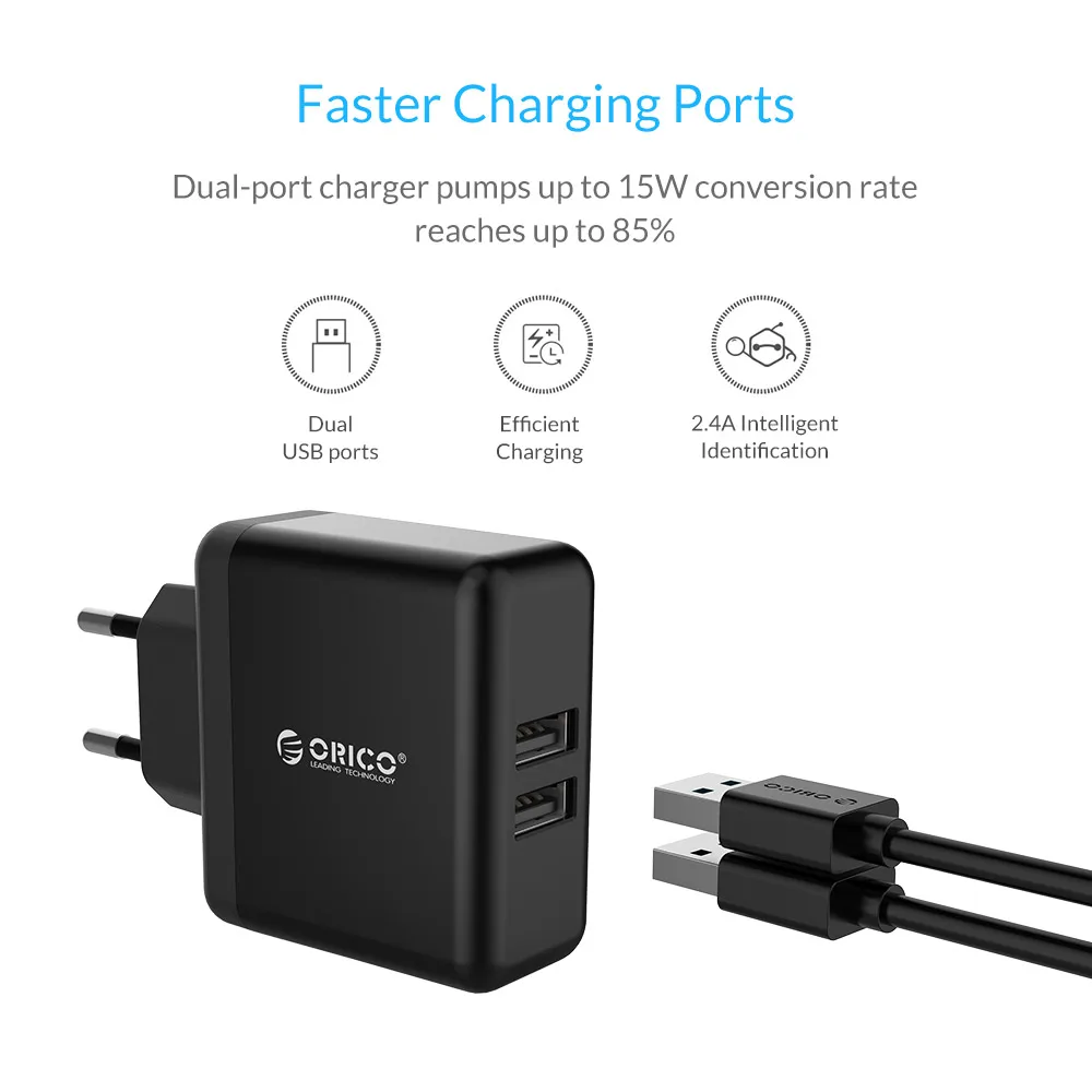 ORICO ثنائي ميناء الهاتف المحمول شاحن 5V2. 4A 15 W USB شاحن السفر المحمولة الذكية محول حائط الاتحاد الأوروبي التوصيل الأسود/الأبيض ORICO ثنائي ميناء الهاتف المحمول شاحن 5V2. 4A 15 W USB شاحن السفر المحمولة الذكية محول حائط الاتحاد الأوروبي التوصيل الأسود/الأبيض