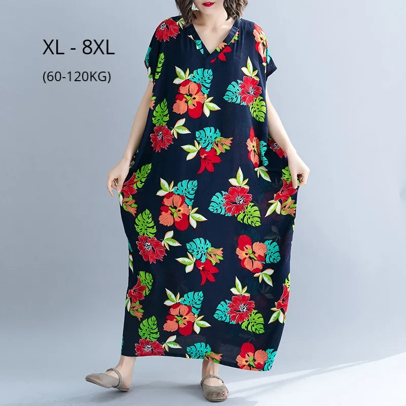

Womens Summer Plus Size Clothing Cotton Linen 7XL 8XL Women Big Floral Print Loose Casual Long Dresses V Neck Maxi Boho Dress