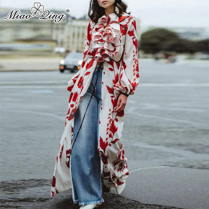 

MIAOQING Boho Flower Bandage Dress for Women High Street Long Sleeves Ruffles Dress Lace-up Shirt Sexy Split Floral Dress Ladies