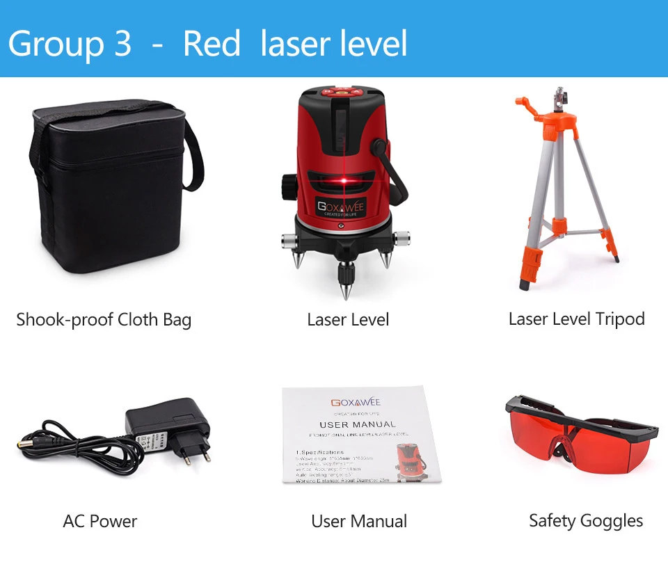 GOXAWEE лазерный уровень, 360 градусов, перекрестная линия, вращающийся уровень, измерительные приборы, 5 линий, 6 точек, для строительных инструментов - Цвет: Group 3