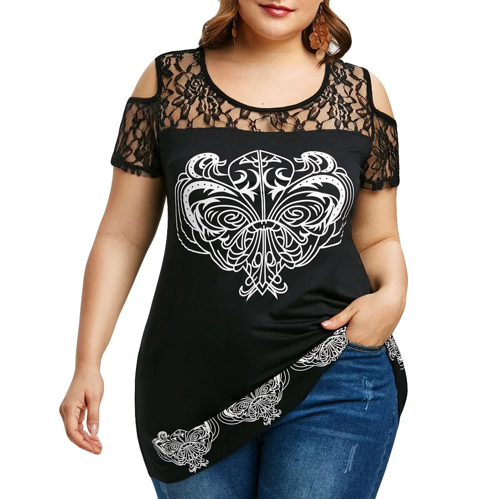 

Feitong Large Size Women Tunic Shirt Plus Size Lace O-Neck Letter Blouse Fashion Print Short Sleeve Top Blouse camisa feminina