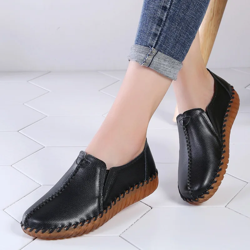 PINSEN Autumn Women Flats Shoes Handmade Genuine Leather Slip-on Shoes Woman Moccasins Ladies Oxfords Ballerina Flats Shoes - Цвет: 050 Autumn Black