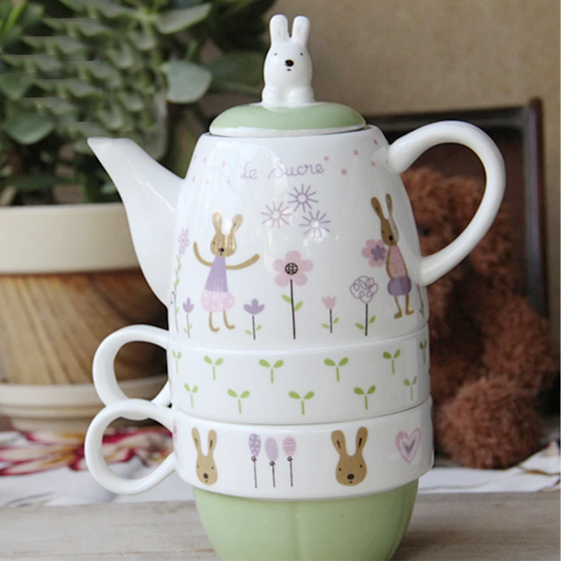 Rabbit shape teapot teacup drain with tea interval ceramic pot Cup