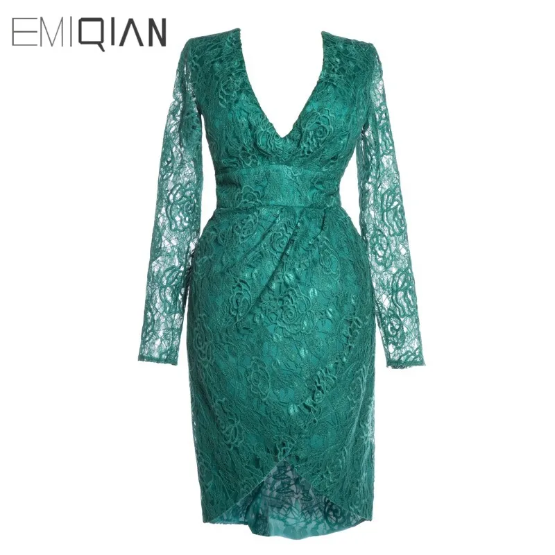 Новое сексуальное короткое вечернее платье с глубоким v-образным вырезом и длинными рукавами зеленого цвета