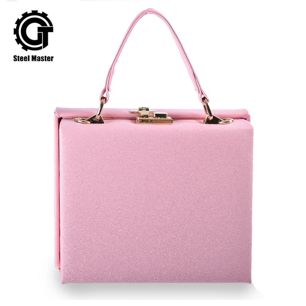 

Women's Handbag Pink Square Box Leather Bag Metal Push Button Fashion Totes