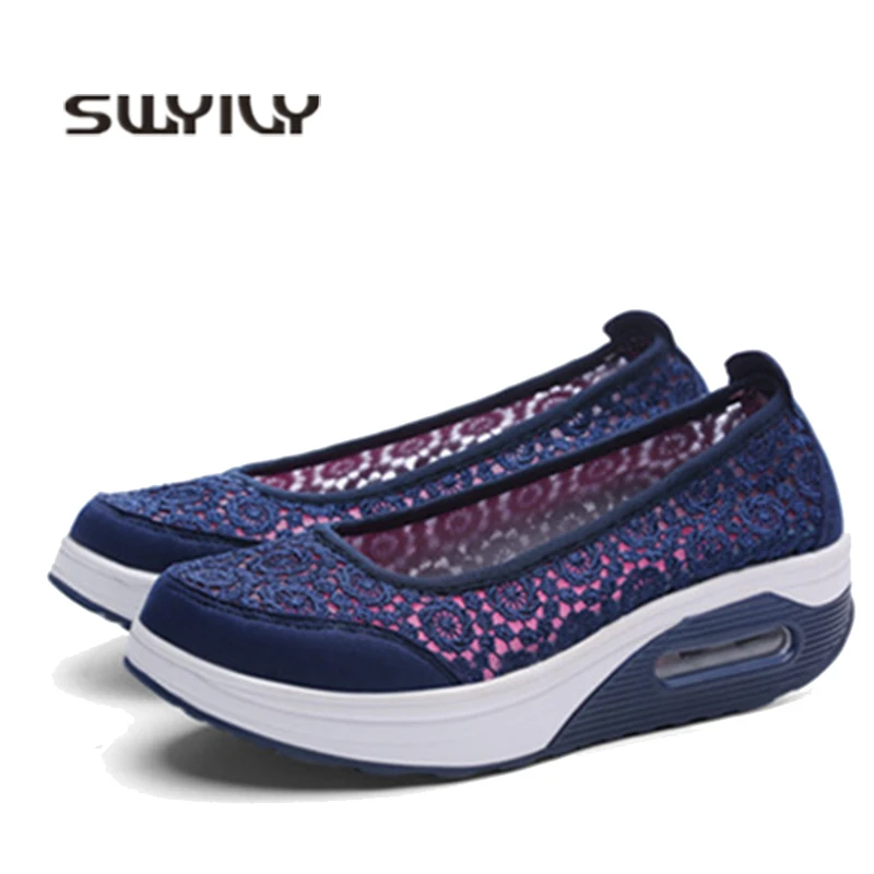 

SWYIVY Sneakers Women Fitness Lace Hollow Breathable Sport Swing Shoes 2019 Female Summer Platform Toning Shoes Wedge Size 41