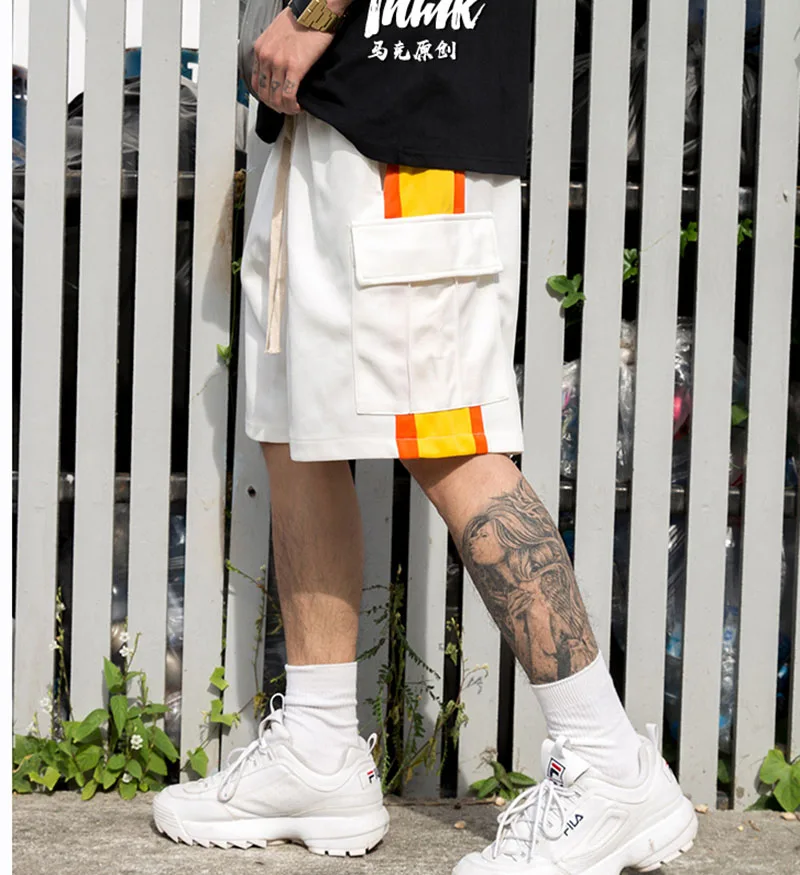 Карман Лоскутные шорты для мужчин Лето Полосатый Академии уличная хип хоп Короткие Masculino человек дышащие шорты для женщин тренировки 60D0016