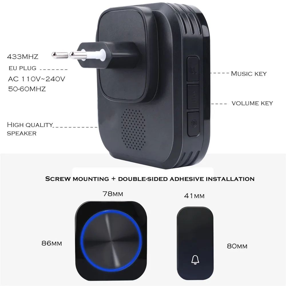 SMATRUL self powered New Waterproof Wireless Doorbell EU Plug 150M Remote smart Door Bell Chime ring 2 button 1 receiver no battery Deaf Gorgeous lighting black 6