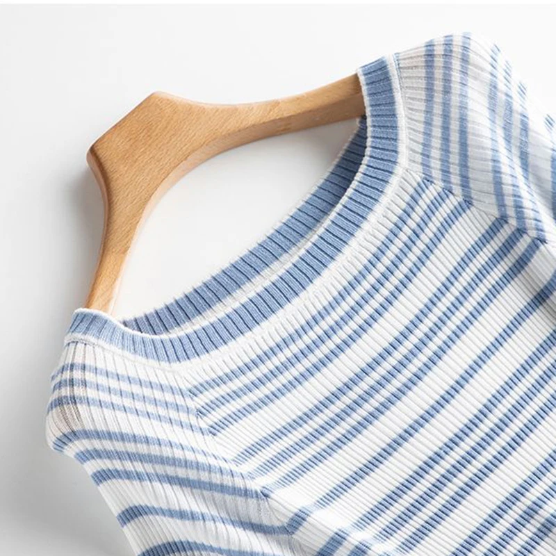 

2019 Summer Small Perfume Fresh Sweet Lady Shoulder Short Sleeve T-Shirt Slim Striped Knit Silk T-Shirt